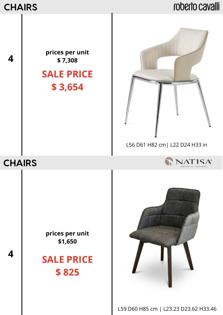 Chairs & Bar Stools — showroom sale price list, page 1